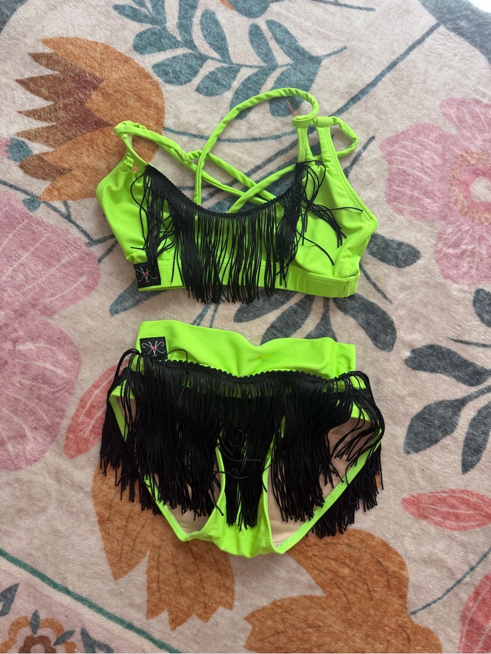 Kids Neon Green Fringe Dance Costume Top & Bottom